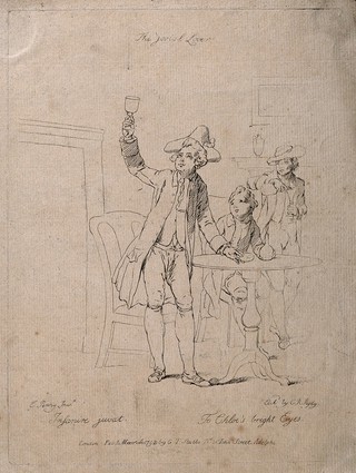 A young man in tricorn hat raises his glass in a toast to his lover. Etching by C. Ryley, c. 1792, after E. Penny.