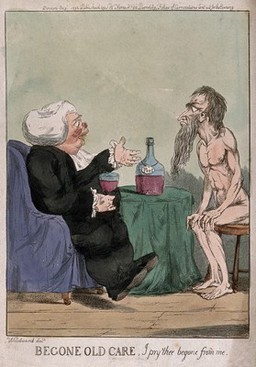 A fat parson with large glass of port in hand is watched by a thin, naked man representing care (worry), and tells him to be gone. Coloured etching after G. Woodward, 1796.