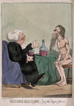 view A fat parson with large glass of port in hand is watched by a thin, naked man representing care (worry), and tells him to be gone. Coloured etching after G. Woodward, 1796.