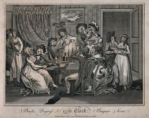 view Six fashionable young men after a drinking session, all with girls in their arms. Engraving, c. 1796.