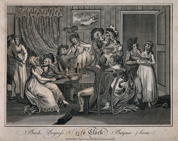 Six fashionable young men after a drinking session, all with girls in their arms. Engraving, c. 1796.
