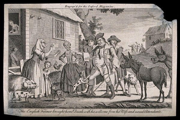 A drunken farmer is brought home where he is met by his wife and various farm animals. Engraving, c. 1750 (?).