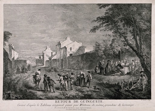 A country village scene: people feast round a table while others walk home in drunken groups. Etching by P. Chedel after A. Watteau.