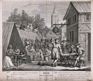 view A busy drinking scene outside a tavern with the landlord taking a drink order from a new customer. Engraving by C. Du Bosc after J. Laguerre.