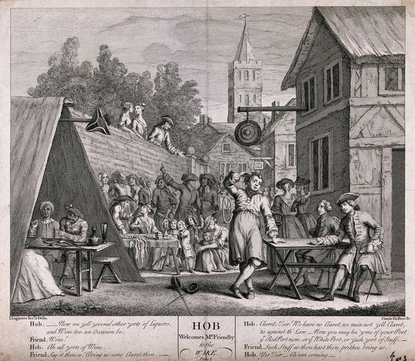 A busy drinking scene outside a tavern with the landlord taking a drink order from a new customer. Engraving by C. Du Bosc after J. Laguerre.