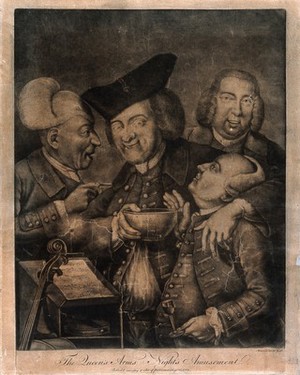 view Four jovial gentlemen in a tavern, one holds a bowl to the face of his drunk companion. Mezzotint by Maucourt, c. 1764, after himself.