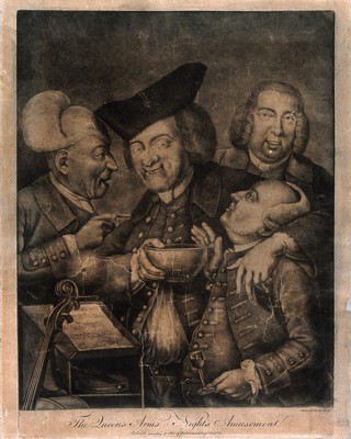 Four jovial gentlemen in a tavern, one holds a bowl to the face of his drunk companion. Mezzotint by Maucourt, c. 1764, after himself.