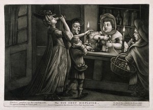 view Three women in a gin shop divert the landlady's attention while a match boy steals her money. Mezzotint, c. 1765.