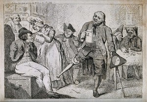 view An old sailor with wooden leg and a man with no arms drinking in a tavern; below is a song about their seafaring days. Etching by I. Cruikshank, c. 1791.