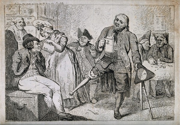 An old sailor with wooden leg and a man with no arms drinking in a tavern; below is a song about their seafaring days. Etching by I. Cruikshank, c. 1791.