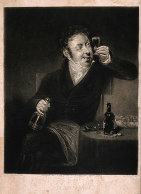 A man sits by a table and examines a full glass of wine that he holds to the light. Mezzotint by H. Dawe, c. 1824, after M. W. Sharp.