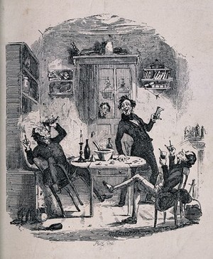 view Three drunken men carousing round a kitchen table. Etching, c. 1836, after H. K. Browne [Phiz].