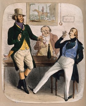 Three men smoking and drinking in a tavern: one man, when drunk, tends to abuse Irish people; the second, who is Irish, tends to attack anyone abusing Irish people; and the third man looks on. Coloured lithograph.