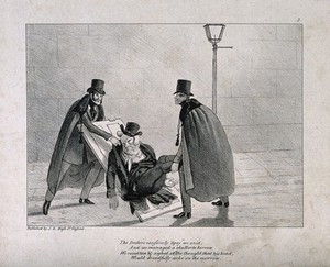 view Two men, possibly students, carrying home a drunken doctor laid out on a door, verse below. Lithograph.