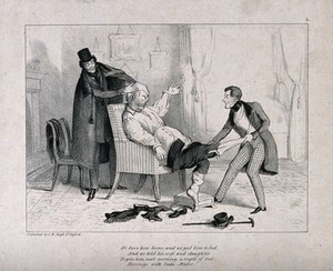 view Two men, possibly students, undressing a drunken doctor they have carried home, verse below. Lithograph.