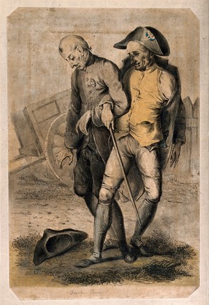 view Two drunken war veterans staggering along arm-in-arm. Coloured lithograph by E. Purcell.