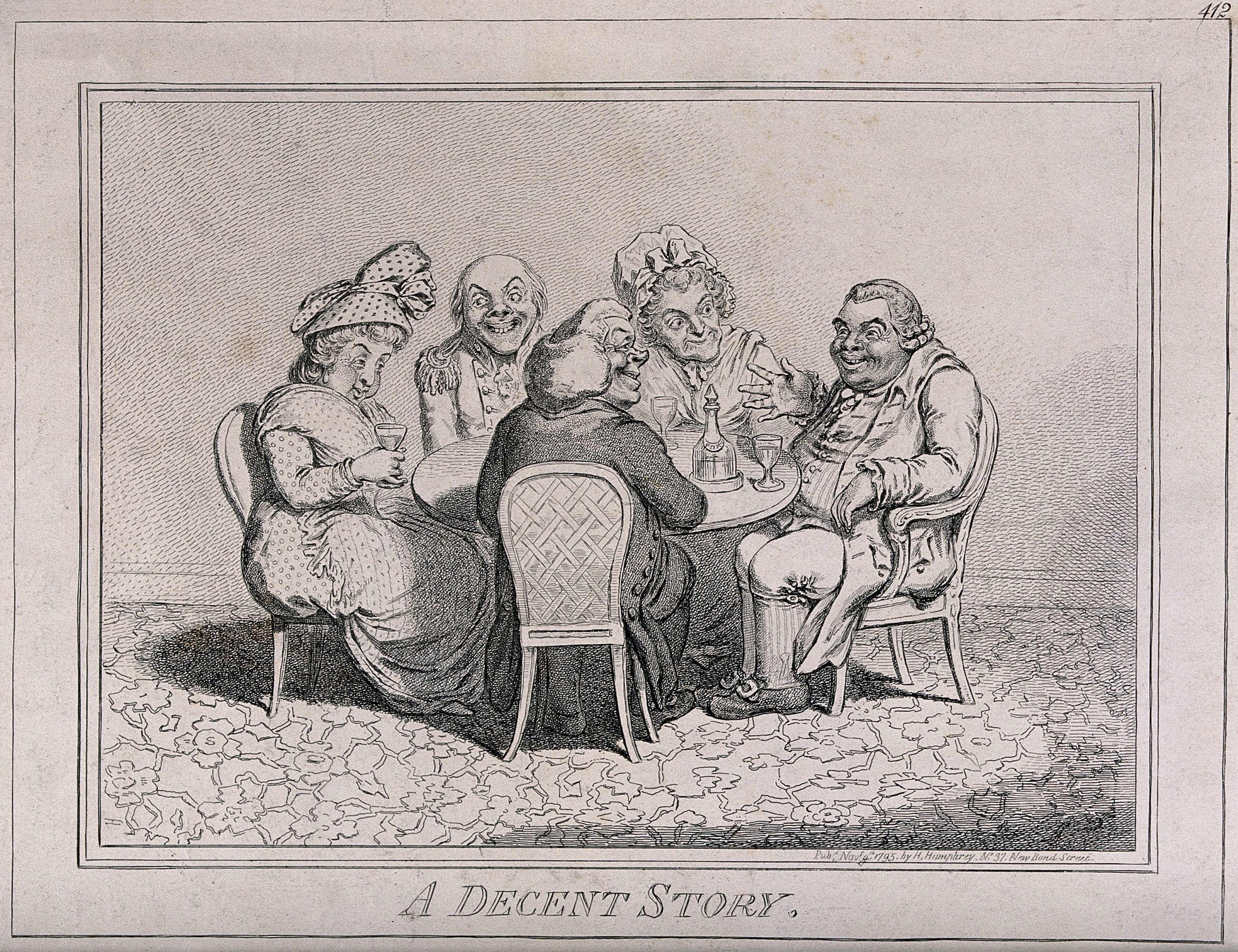Five elderly people sit at a table drinking port as one man tells a story. Etching, c. 1795.