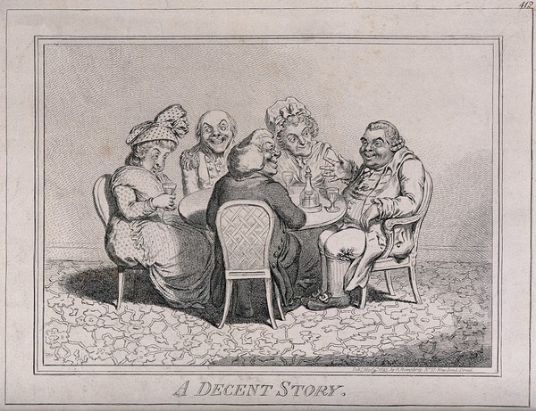 Five elderly people sit at a table drinking port as one man tells a story. Etching, c. 1795.