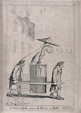 A fashionable young lady with large plume in her hat being carried through the town in a sedan chair. Etching, c. 1796.