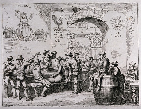 Drinkers and mandolin players in a Roman inn, with landscape seen through an open archway. Etching by B. Pinelli, 1820.