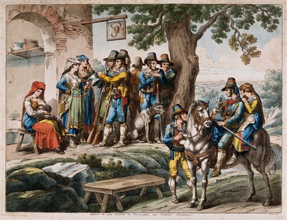 Bandits armed with guns drink with women outside an Italian country inn; in the foreground are a couple on horseback. Coloured etching by B. Pinelli, 1820.