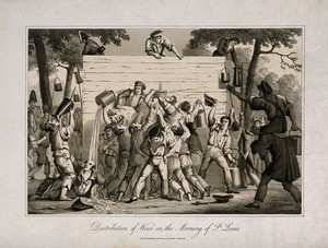 view Three men handing out wine from a high wooden structure to a drunken hoard clutching large jugs, etc. Aquatint, c. 1822.