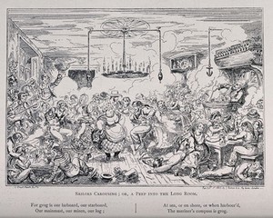 view Drunken sailors round a table cheering and throwing their hats in the air as a man with a wooden leg recounts the Battle of the Nile. Reproduction of an etching by C. H., c. 1825, after G. Cruikshank.