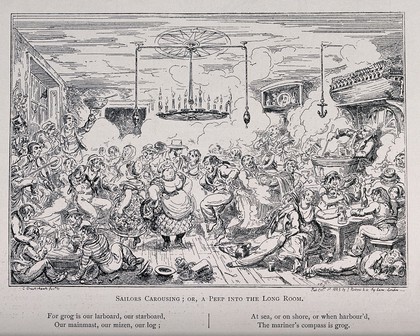 Drunken sailors round a table cheering and throwing their hats in the air as a man with a wooden leg recounts the Battle of the Nile. Reproduction of an etching by C. H., c. 1825, after G. Cruikshank.