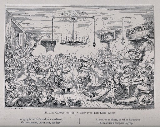 A drunken party with sailors and their women drinking, smoking, and dancing wildly as a band plays. Reproduction of an etching by C. H., c. 1825, after G. Cruikshank.