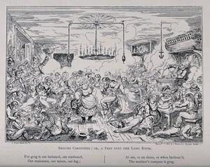 view A drunken party with sailors and their women drinking, smoking, and dancing wildly as a band plays. Reproduction of an etching by C. H., c. 1825, after G. Cruikshank.