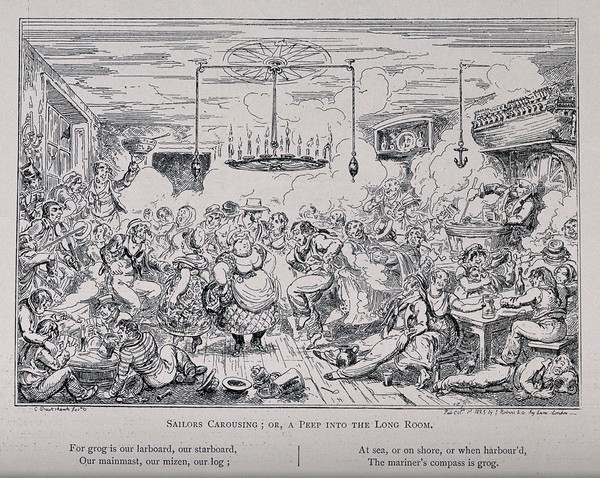 A drunken party with sailors and their women drinking, smoking, and dancing wildly as a band plays. Reproduction of an etching by C. H., c. 1825, after G. Cruikshank.