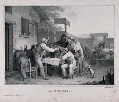A French tavern with men at a table in the open air drinking a toast to good health. Lithograph by F. Noël after L. Boilly, 1826.