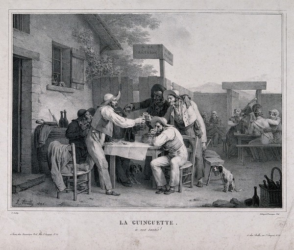 A French tavern with men at a table in the open air drinking a toast to good health. Lithograph by F. Noël after L. Boilly, 1826.