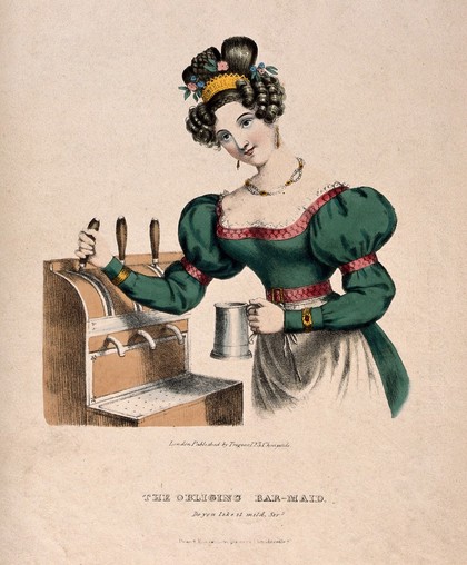 An obliging barmaid drawing beer. Coloured lithograph, ca. 1833.