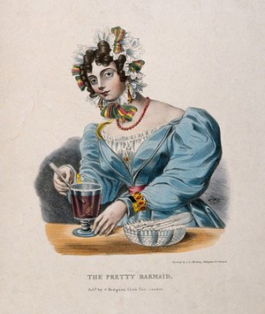 view A pretty barmaid mixing a drink in a glass. Coloured lithograph, c. 1825.