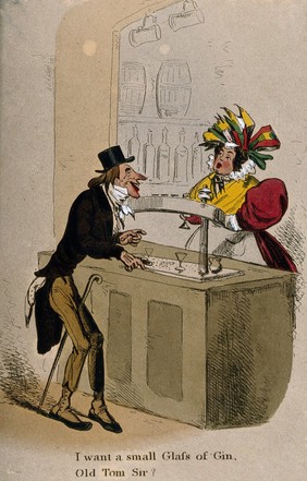 A lank old man at a bar asks a plump barmaid for a glass of gin. Coloured etching, c. 1830.