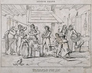 view Local people gathered in a Scottish smithy for food and drink. Etching by W. Lizars, 18--.