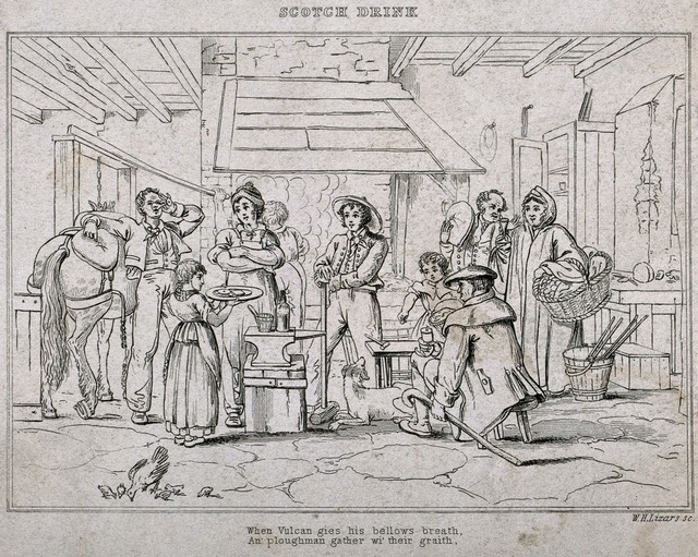 Local people gathered in a Scottish smithy for food and drink. Etching by W. Lizars, 18--.