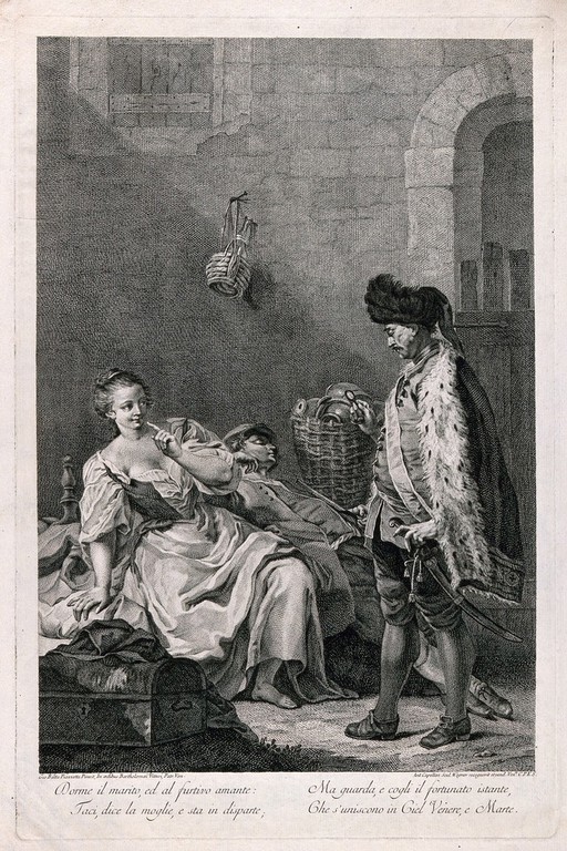 A drunken husband lies sleeping as his young wife plots furtively with her lover, an oriental soldier. Engraving by A. Capellan after G. B. Piazzetta.