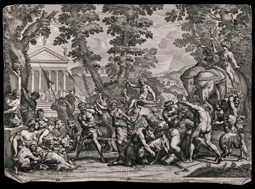A drunken procession of bacchanals and satyrs with Silenus (?) on a collapsed mule, a chariot pulled by leopards and two elephants at the rear. Etching by P. Aquila after P. Berrettini, 17th century.