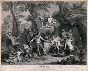 view Bacchus with attendant satyrs sits drinking by a cave as Venus appears to him and offers him a cup of love. Engraving by J. Audran after A. Coypel, 1704.