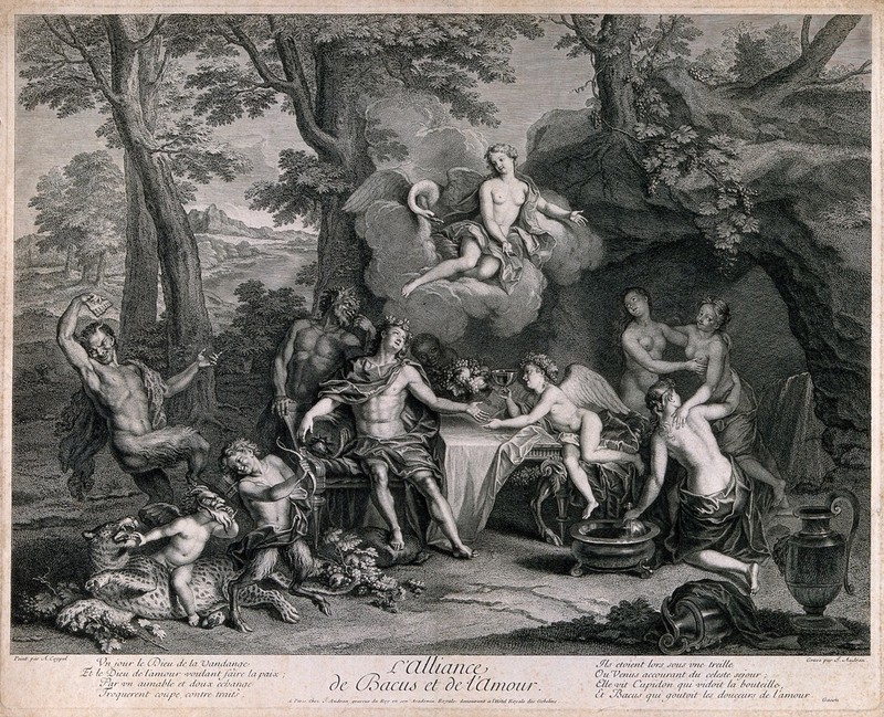 Bacchus with attendant satyrs sits drinking by a cave as Venus appears to him and offers him a cup of love. Engraving by J. Audran after A. Coypel, 1704., [1704?], by Antoine Coypel