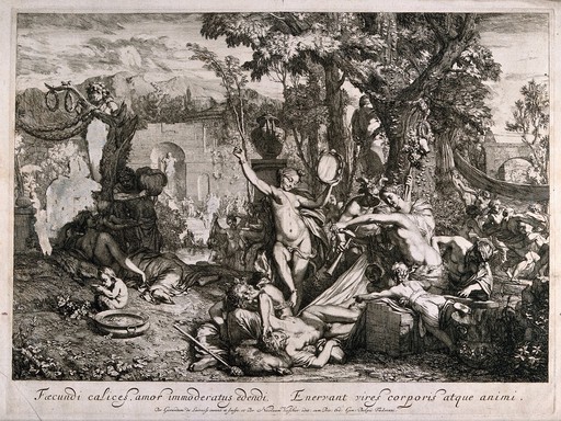 A drunken bacchanalian gathering with women and a satyr trying to waken two sleeping men. Etching by G. de Lairesse after himself.