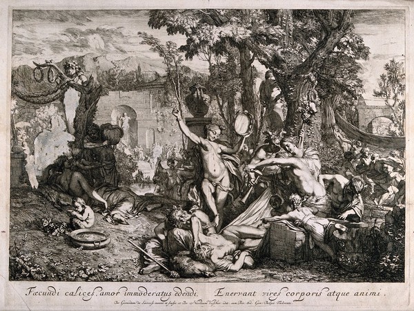 A drunken bacchanalian gathering with women and a satyr trying to waken two sleeping men. Etching by G. de Lairesse after himself.