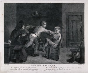 view One man punches another in a drunken tavern brawl, two others shout encouragement. Engraving by J. Levasseur after A. Brouwer.