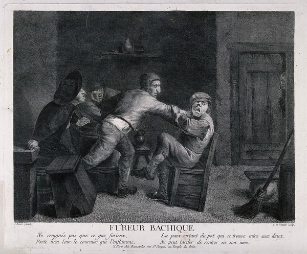 One man punches another in a drunken tavern brawl, two others shout encouragement. Engraving by J. Levasseur after A. Brouwer.