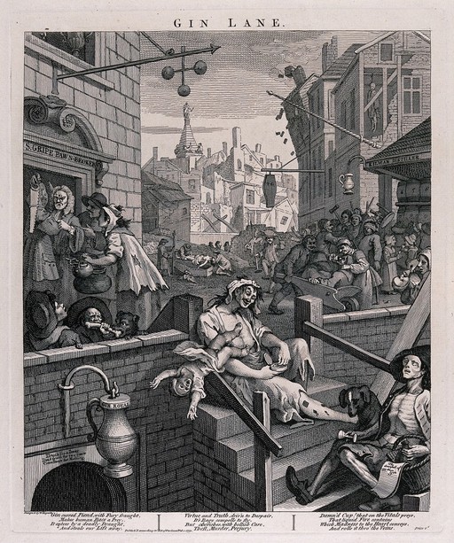 A poor London street strewn with hopeless drunkards and lined with gin shops and a flourishing pawnbroker. Engraving, c. 1751, after W. Hogarth.