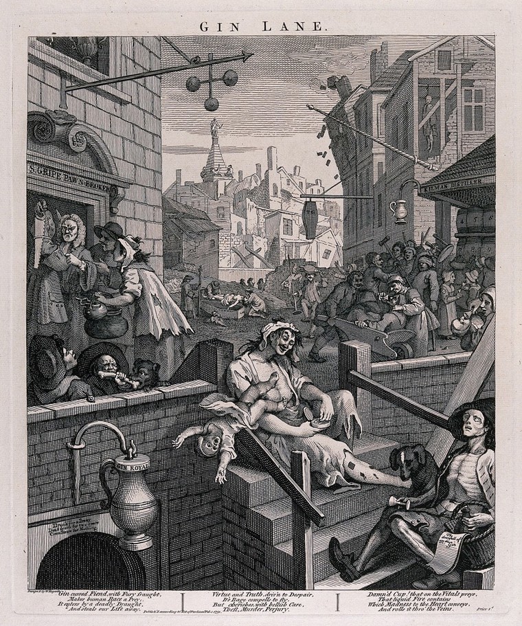 A poor London street strewn with hopeless drunkards and