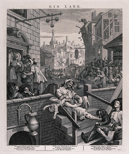A poor London street strewn with hopeless drunkards and lined with gin shops and a flourishing pawnbroker. Engraving, c. 1751, after W. Hogarth.