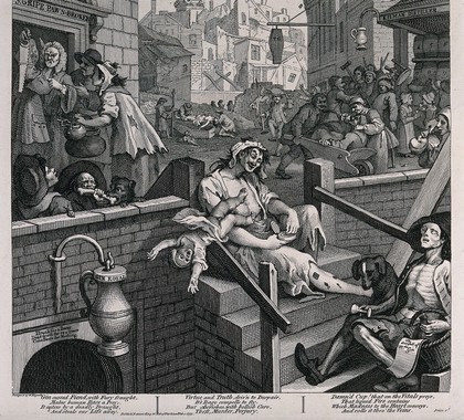 A poor London street strewn with hopeless drunkards and lined with gin shops and a flourishing pawnbroker. Engraving, c. 1751, after W. Hogarth.